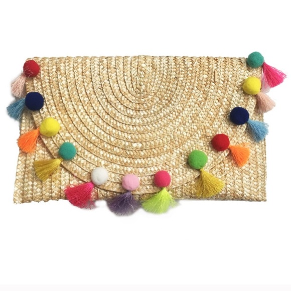 ‘LOLA’ Pom Pom Handmade Straw Clutch Bag - Picture 2 of 3